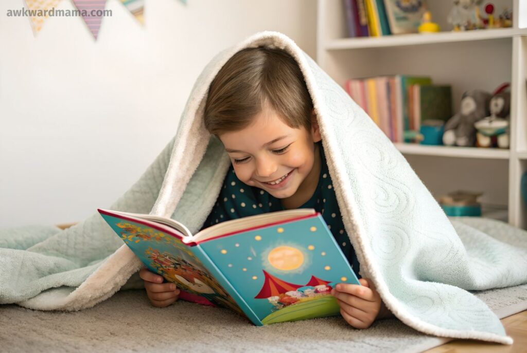 Young child reading under a blanket before bed as part of a calming bedtime routine
