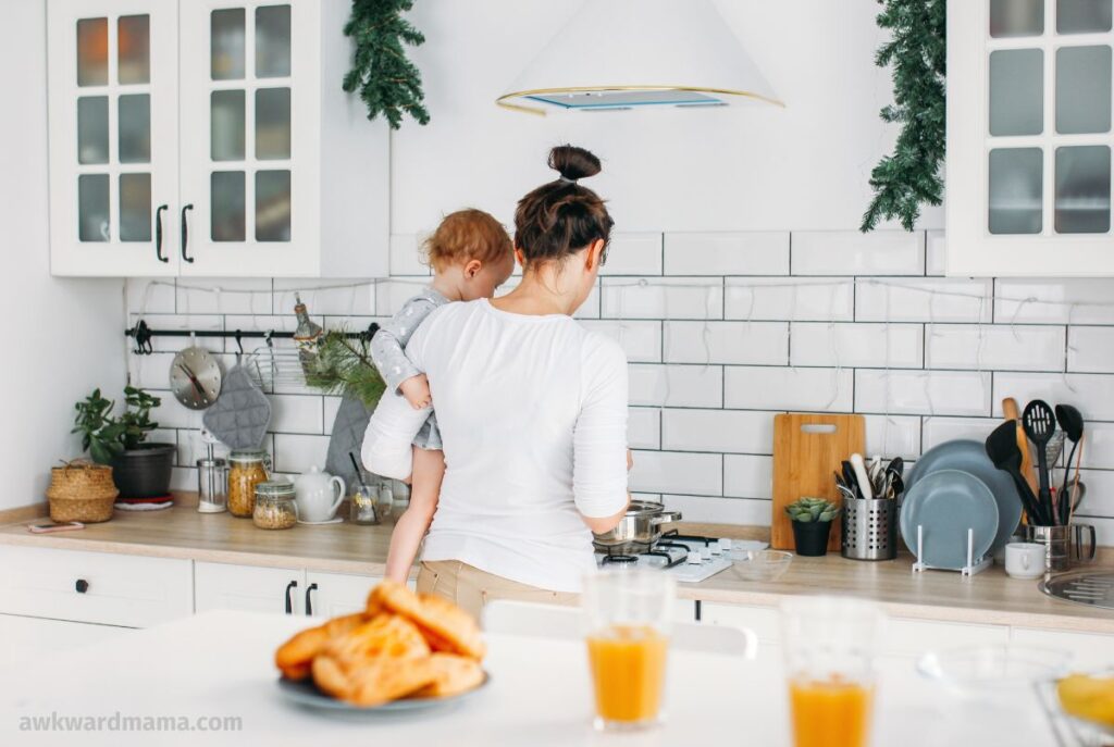 Mom and child making breakfast together in a bright kitchen as part of a realistic ADHD morning routine