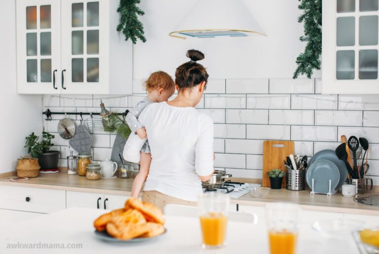 Mom and child making breakfast together in a bright kitchen as part of a realistic ADHD morning routine